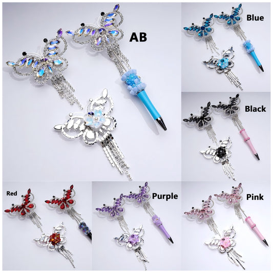 Bling Bling Fancy Silver Alloy Butterfly with Shiny Rhinestones Metal Clear Rhinestones Chains White Pearls Cute Butterflies Hearts Flowers Clay Beads, Around 79*108MM