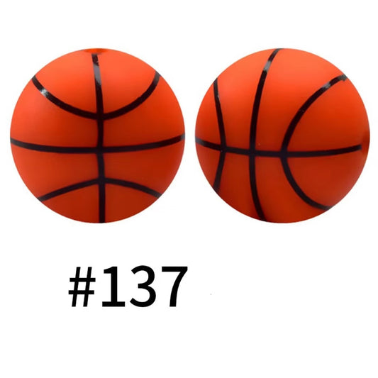 Basketball Beads, Printed Silicone Beads with Basketball Ball Design, Orange Color, Size 15mm