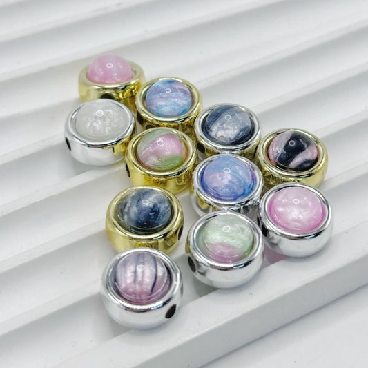 Gold Silver Color Round Loop Ring Acrylic Beads Colorful Rhinestone Inside, 12MM