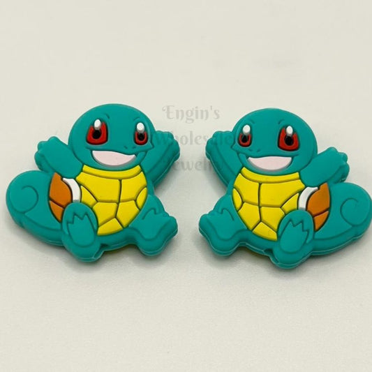 Two cartoon turtle characters with red eyes on a beige background


