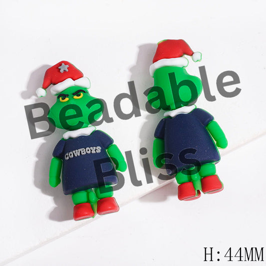 3D Green Character Wearing Red Christmas Hat & Dress & Shoes Silicone Focal Beads, Dallas Football Team, Height 44MM