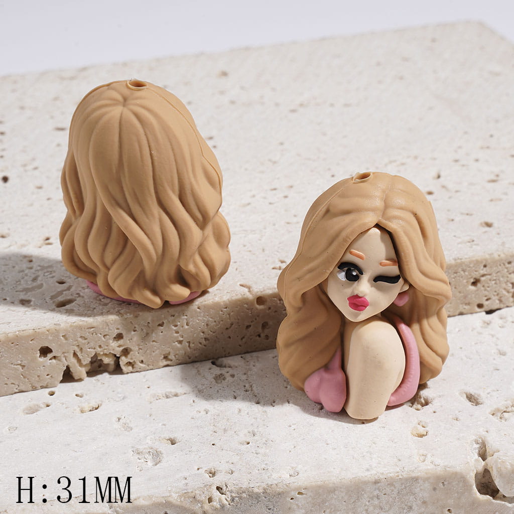 3D Beautiful Girl with Yellow Wavy Hair Silicone Focal Beads, Height 31MM