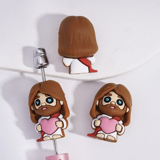 Silicone Focal Beads 3D Religion Christianity Jesus Holding Pink Heart