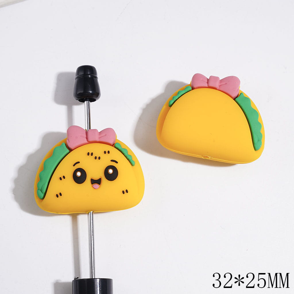 3D Delicious Taco with Pink Bowtie and Green Vegetable Silicone Focal Beads, 32*25MM