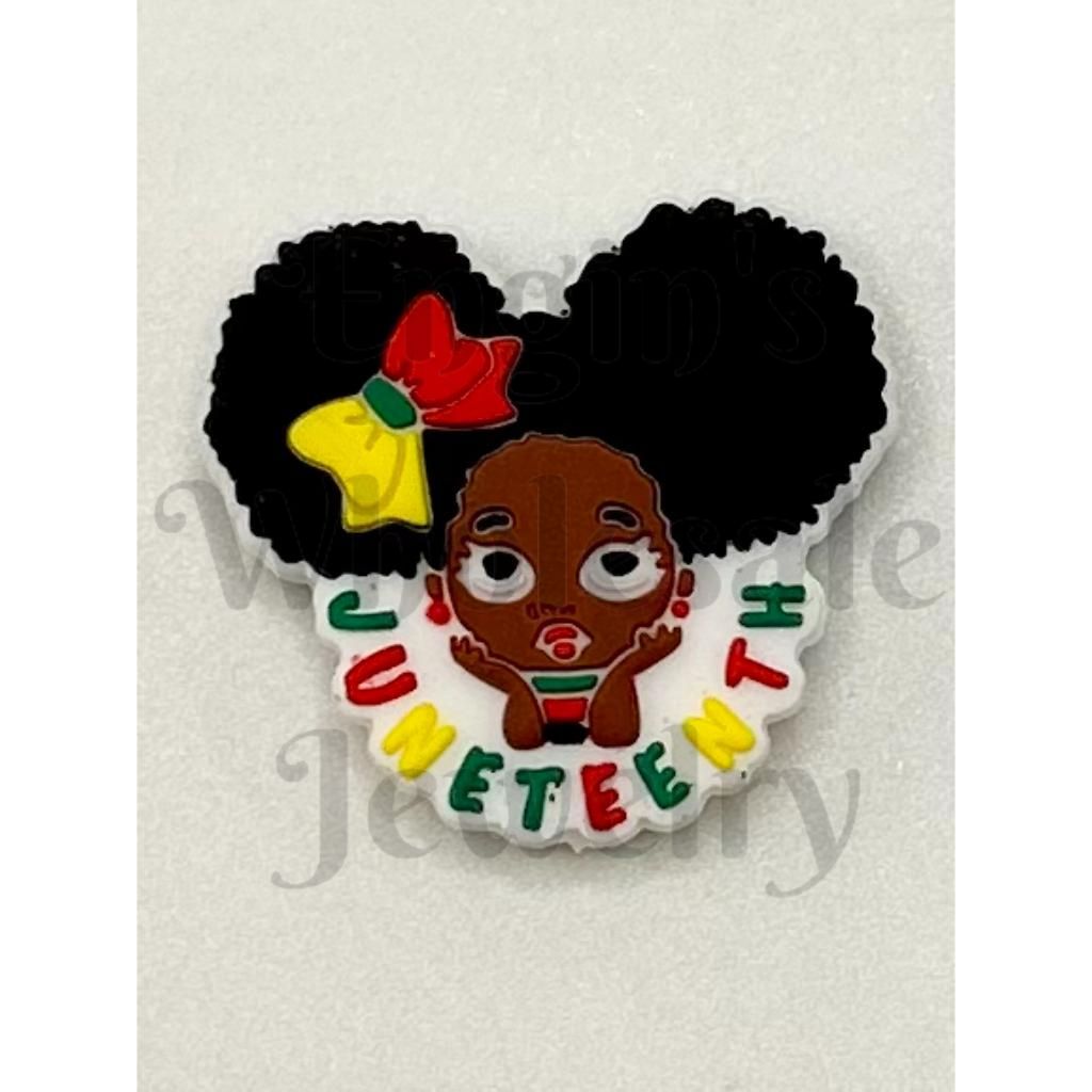 Pin with a design of a child with braided hair and colorful text on a white background

