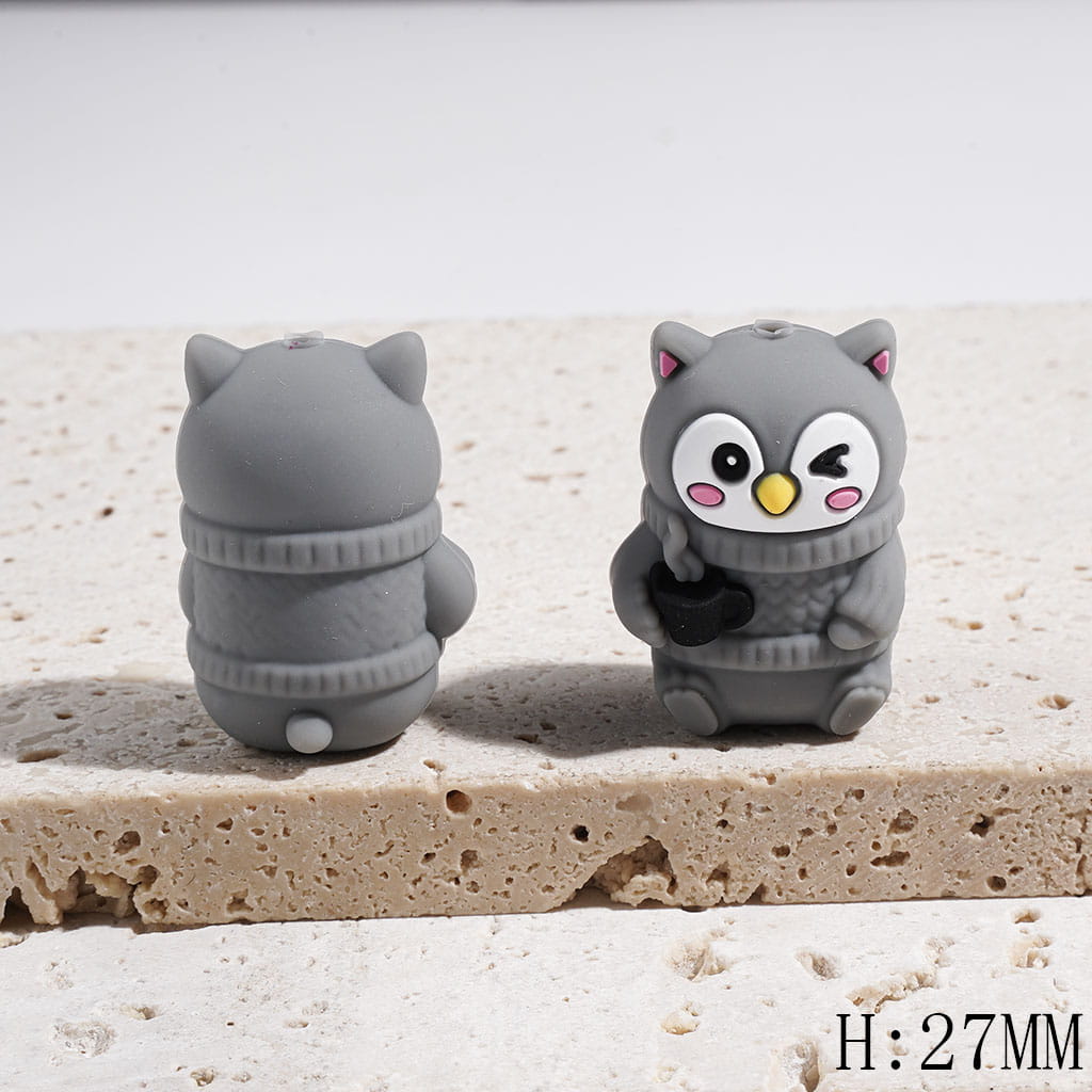 3D Silicone Focal Beads Gray Owl with Sweater and Holding Black Cup, Height 27MM