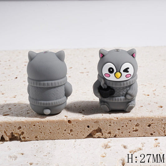 3D Silicone Focal Beads Gray Owl with Sweater and Holding Black Cup, Height 27MM