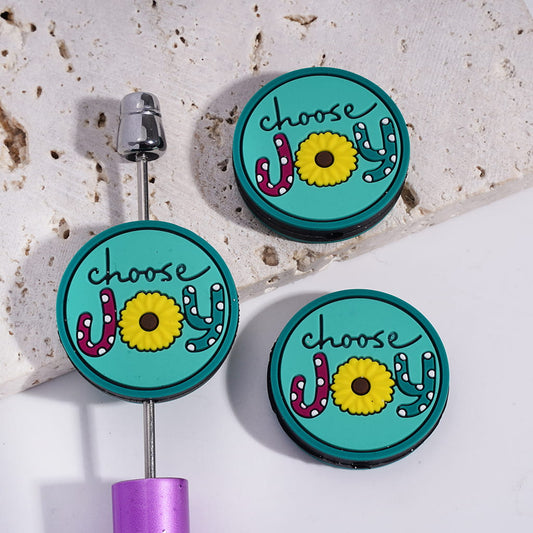 Silicone Focal Beads with Daisy Flower and Text "Choose JOY", Flat Round Shape