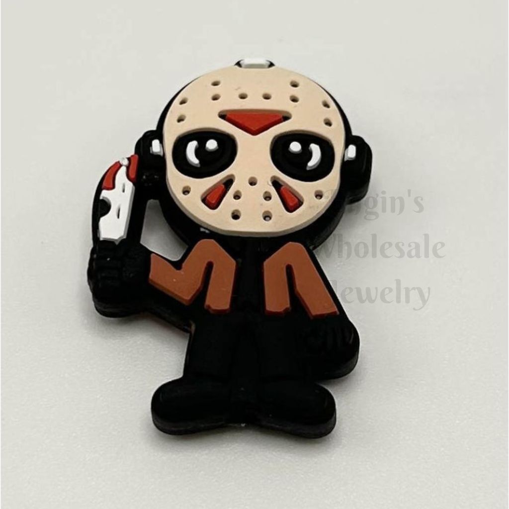 Character figurine with a mask and holding a knife on a white background

