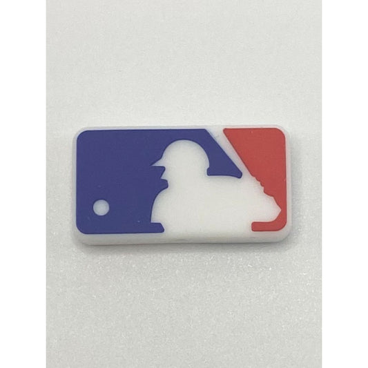 A silicone bead with a silhouette of a baseball player and the colors of the MLB logo

