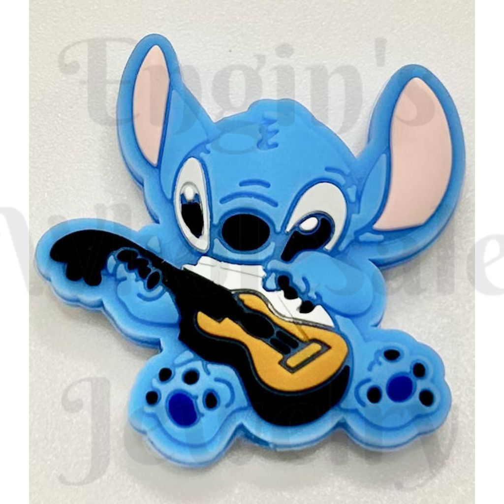Blue cartoon character holding a guitar on a light gray background

