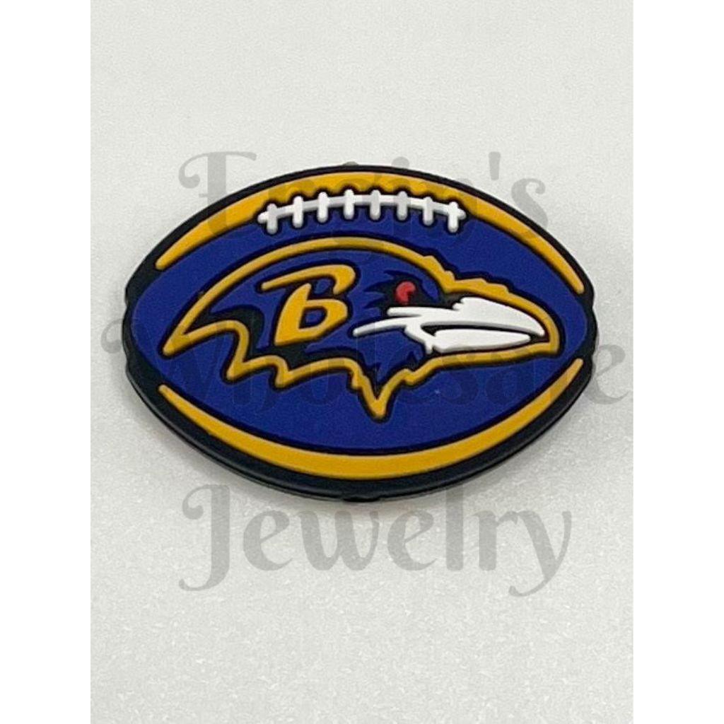 Baltimore Ravens logo on a football with a white background

