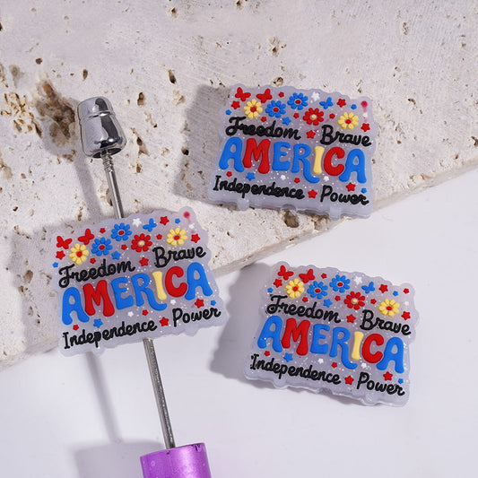 Silicone Focal Beads with Text "Freedom Brave AMERICA Independence Power" and Flowers, Silver Glitter