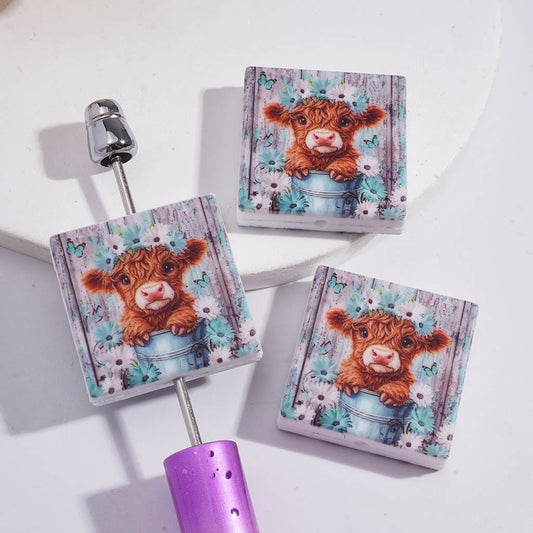 Silicone Focal Beads with Highland Cattle in Bucket & Daisy Flowers Wall, Flat Square Shape