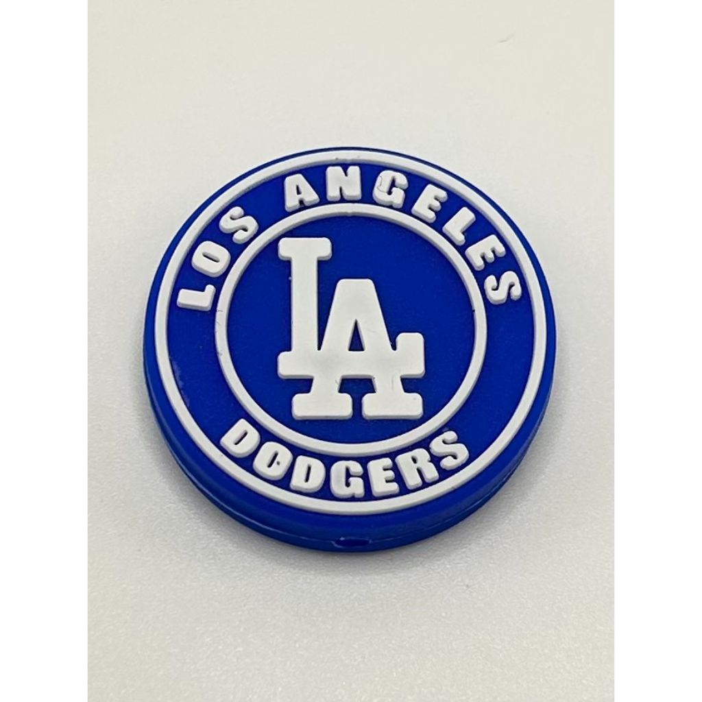 A blue silicone bead featuring the Los Angeles Dodgers logo in white.

