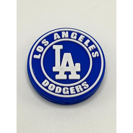 A blue silicone bead featuring the Los Angeles Dodgers logo in white.

