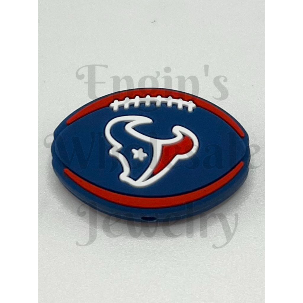 Houston Texans logo on a football-shaped object with a white background

