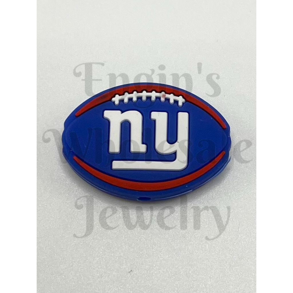 Blue and red football-shaped object with 'ny' logo on a white background

