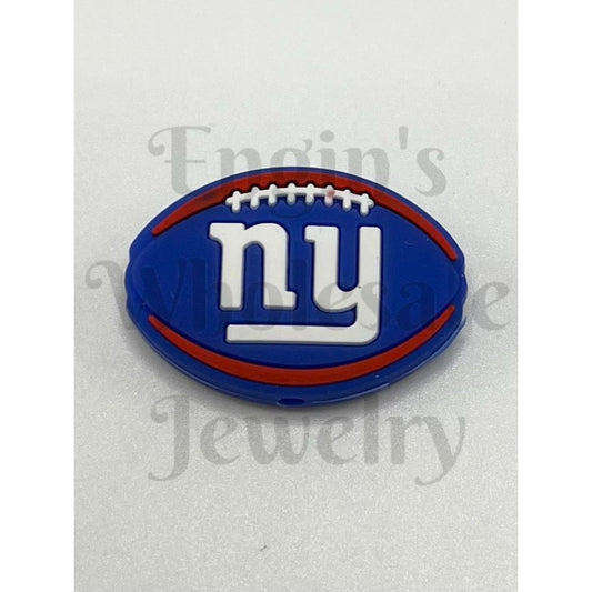 Blue and red football-shaped object with 'ny' logo on a white background


