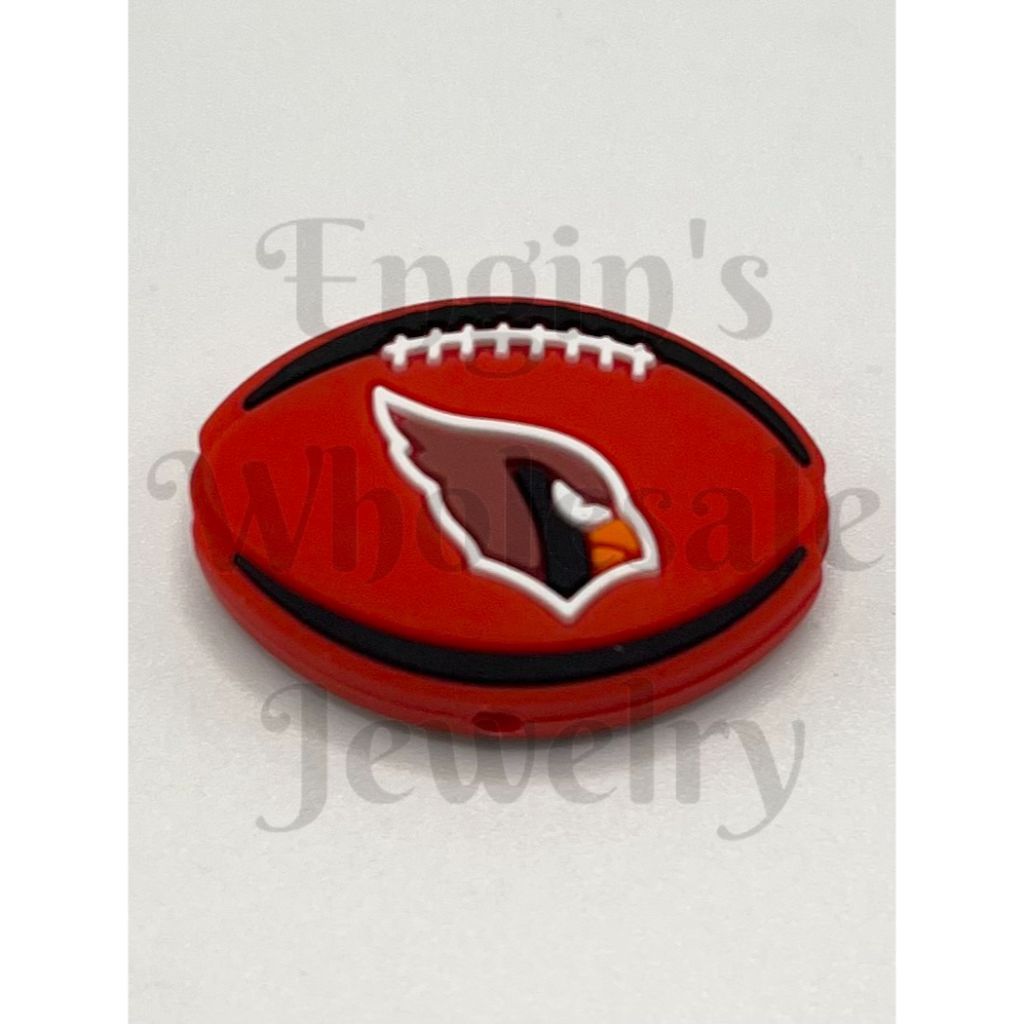 Red football-shaped object with a logo on a white background

