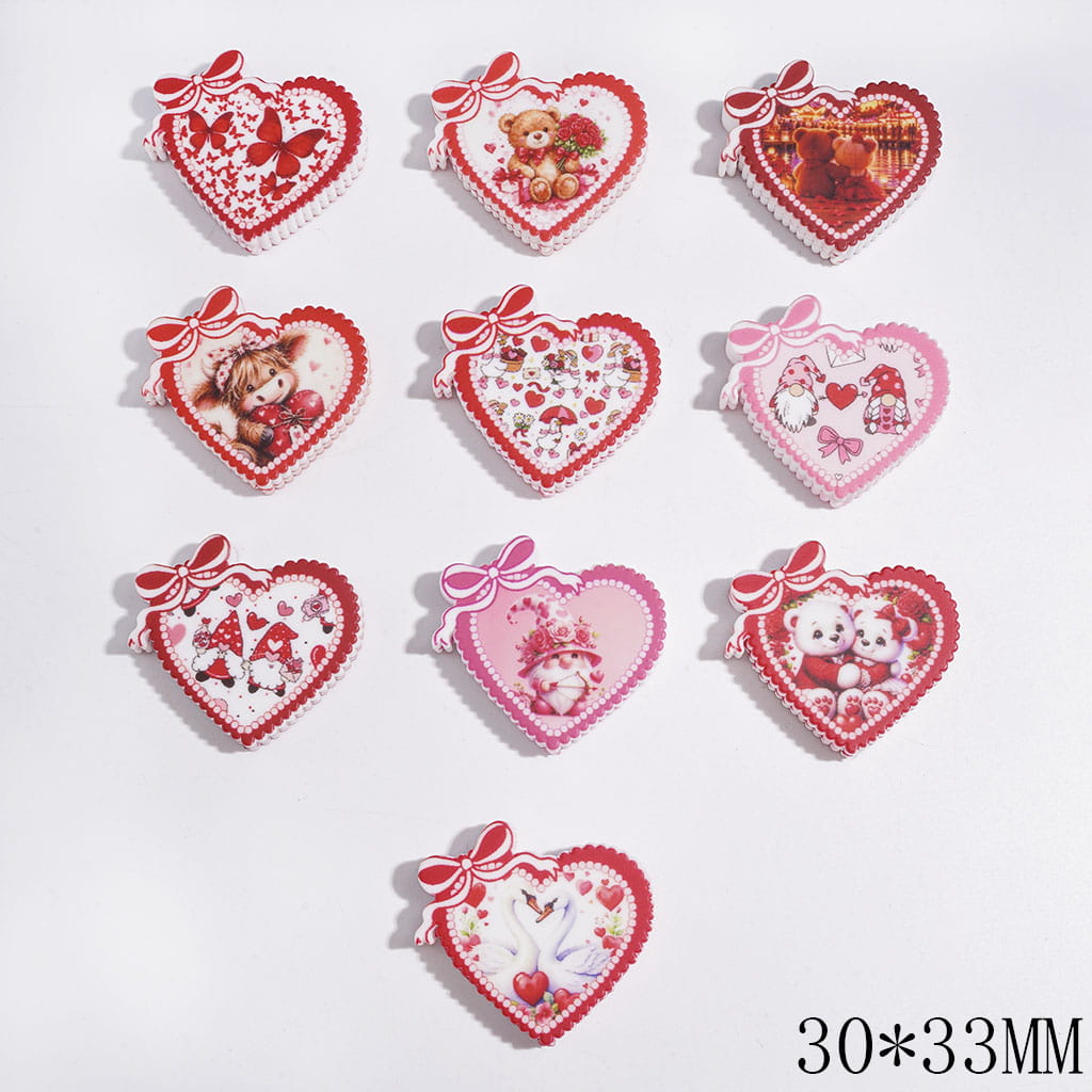 Valentine's Day Series Silicone Focal Beads, Heart with Bowtie & Bear Swan Gnome Cow Butterfly Patterns, Random Mix