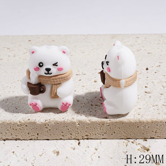3D White Bear Wearing Light Brown Scarf and Holding Brown Coffee Cup Silicone Focal Beads, Height 29MM
