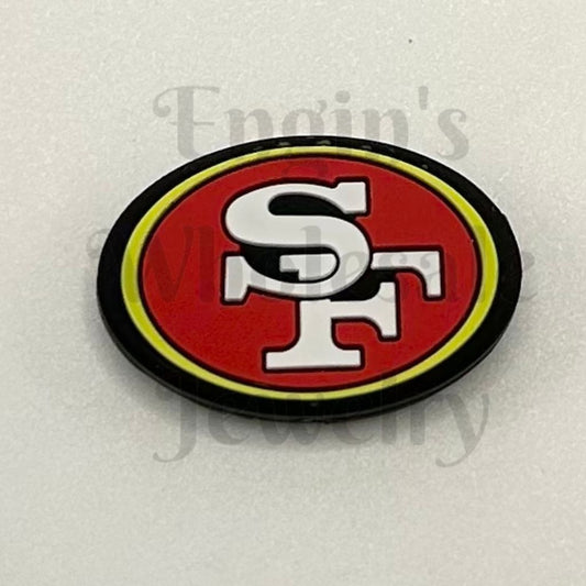 San Francisco 49ers logo on a red background with black border

