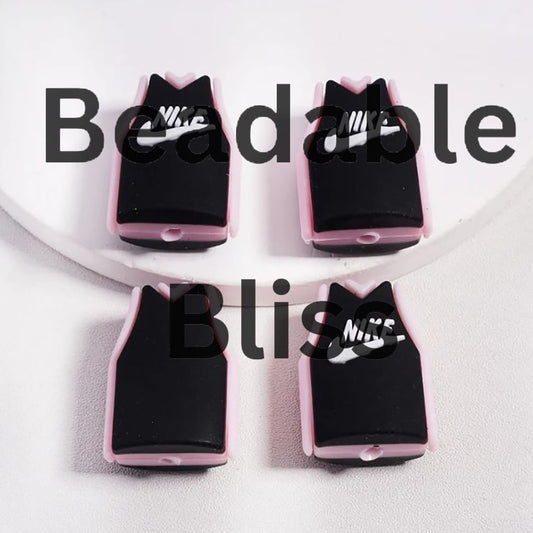 Silicone Focal Beads 3D Pink Black Sports Jersey with White Text Pattern