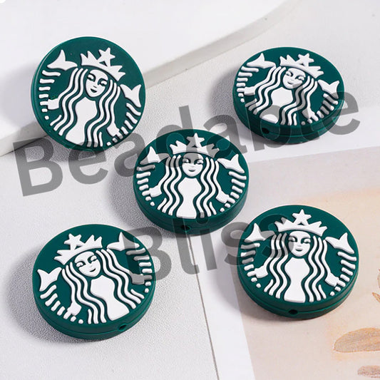 Silicone Focal Beads with White Girl Portrait on Green Background, Flat Round Shape