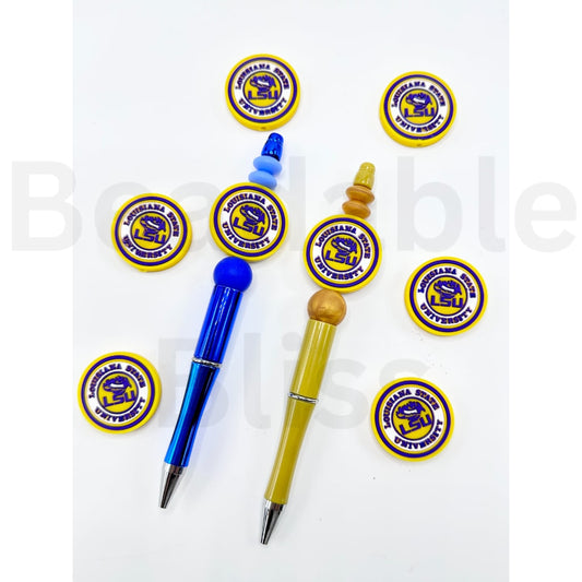 Two pens with colorful accents and university logos on a white background


