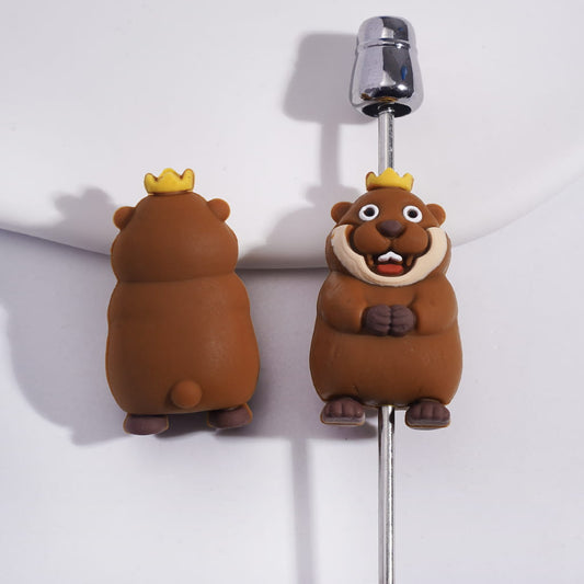 Silicone Focal Beads 3D Brown Marmot with Yellow Crown