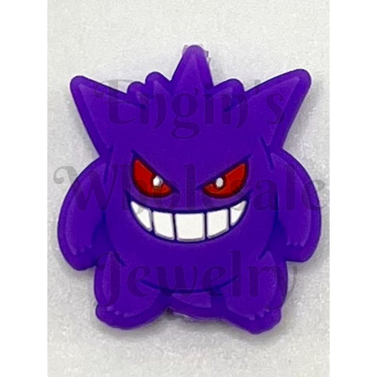 Purple cartoon character with red eyes and a white mouth on a light gray background

