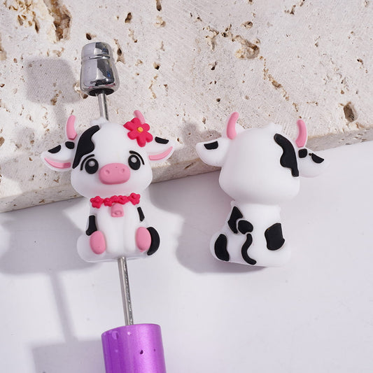 Silicone Focal Beads 3D Dairy Cattle with Pink Flowers on Head