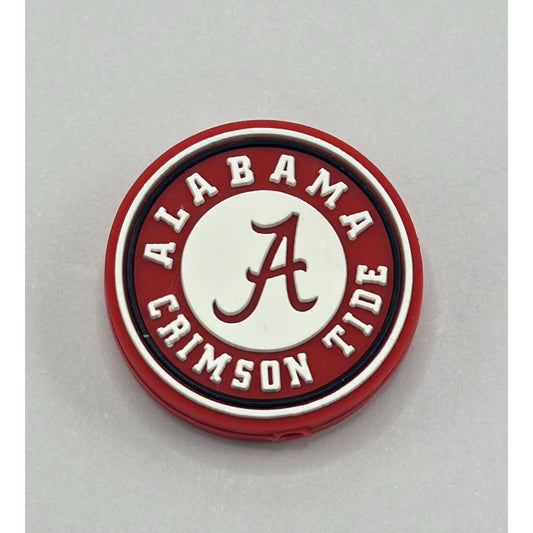  A round silicone bead featuring the Alabama Crimson Tide logo in red and white colors.

