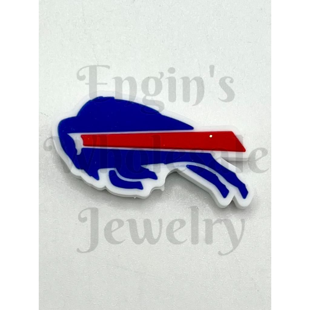 Blue and red logo of a bison on a white background

