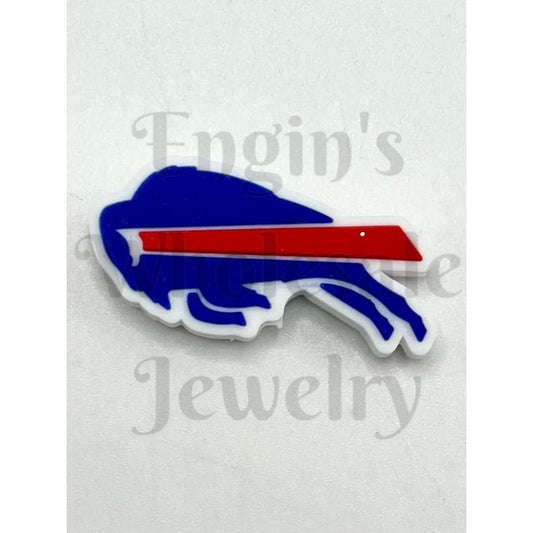 Blue and red logo of a bison on a white background

