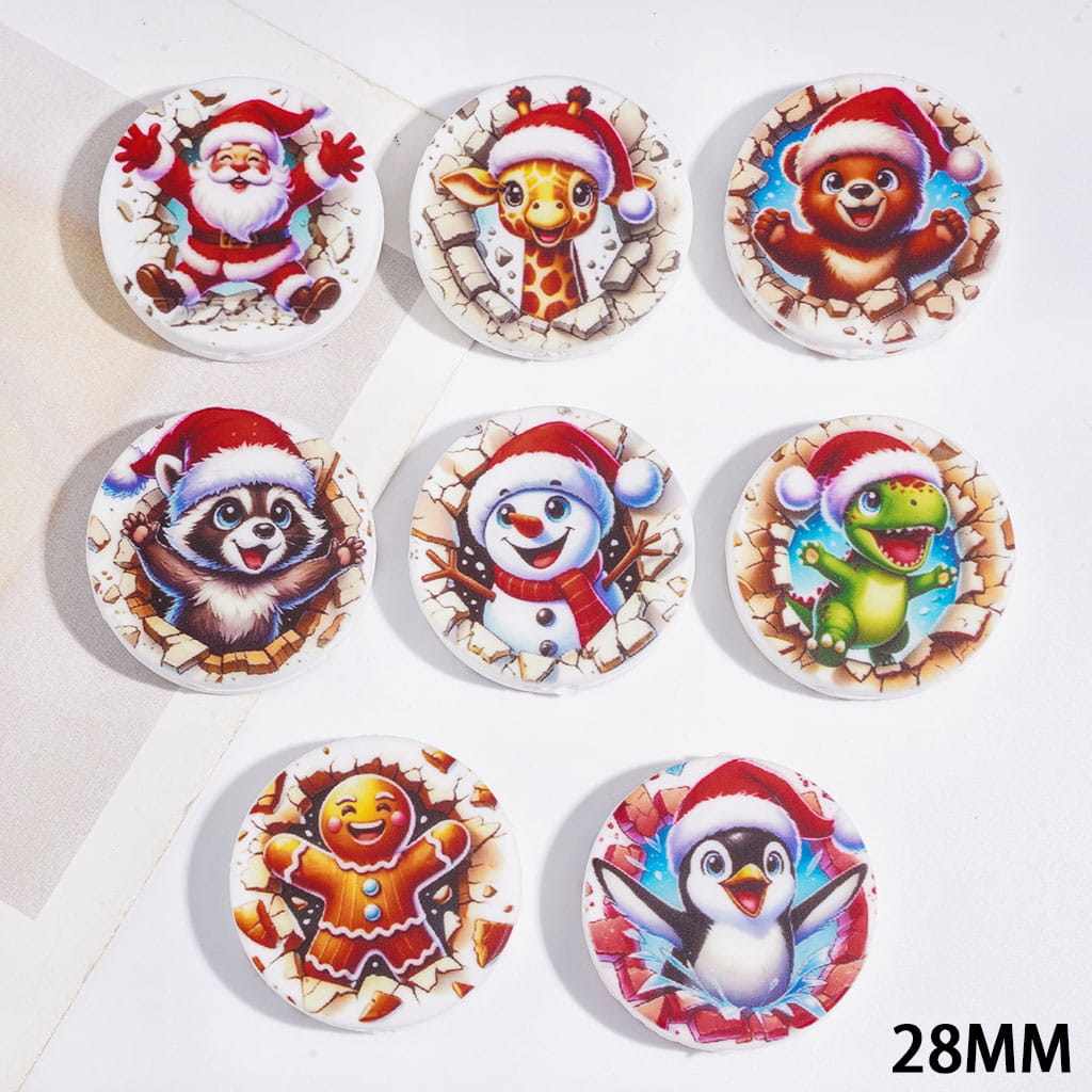 Silicone Focal Beads with Christmas Cartoon Characters in Wall-Breaking Series, Flat Round Shape, 28MM Random Mix