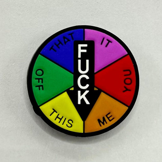 A multicolored silicone bead with the text 'FUCK IT NOW THIS ME OFF' displayed, segmented by color.

