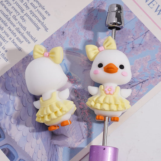 Silicone Focal Beads 3D Cute White Duck with Yellow Dress and Bowtie