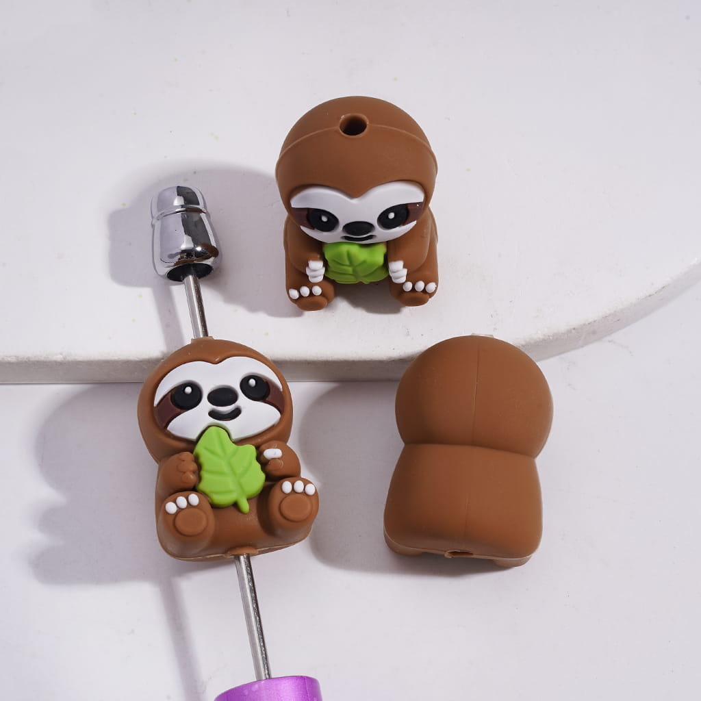 Silicone Focal Beads 3D Cute Sloth Holding Green Leaf