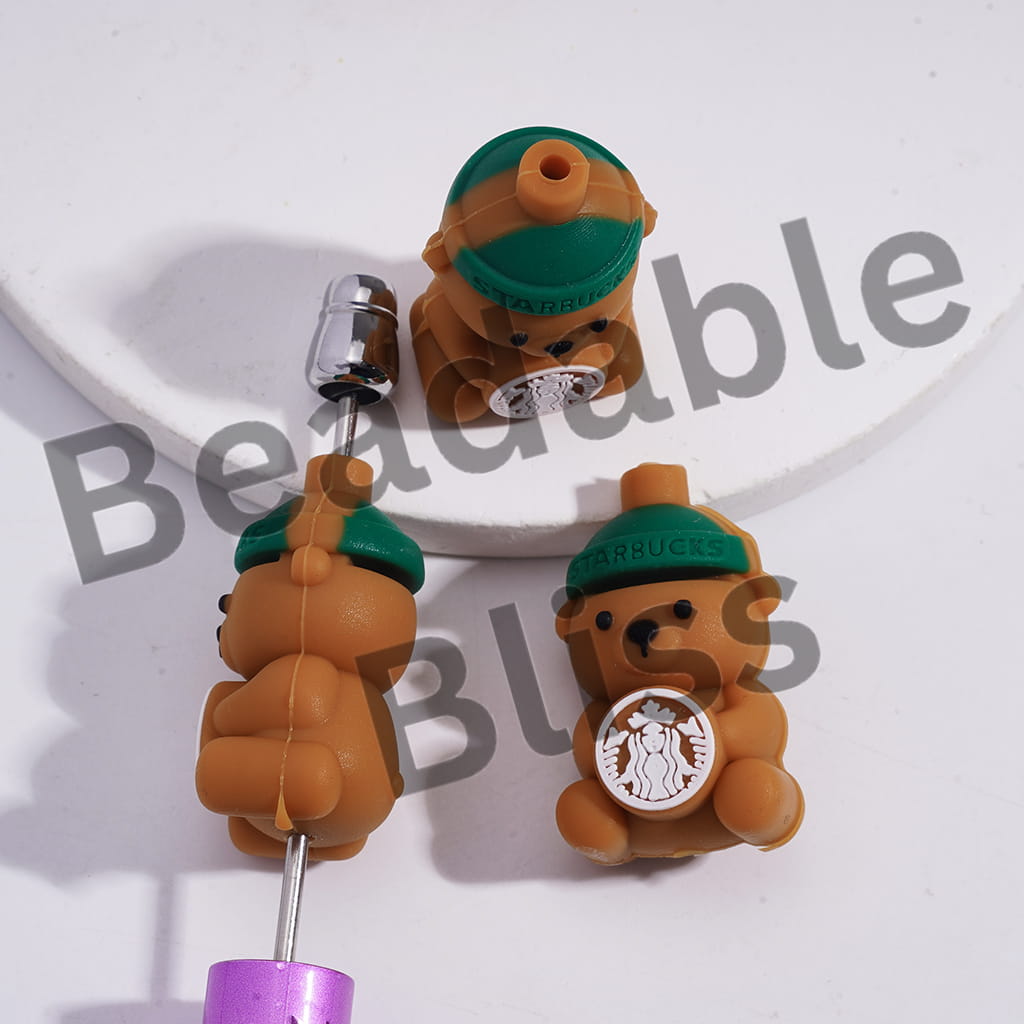 Silicone Focal Beads 3D Coffee Brown Bear with Green Hat