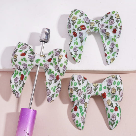 Silicone Focal Beads Soft Bowtie with Rose Flowers and Leaves Prints, 40MM