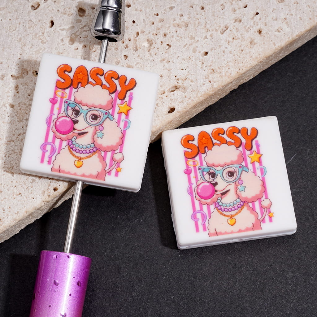 Silicone Focal Beads with Fashionable Poodle Dog Blowing Pink Bubble and Text "SASSY", Flat Square Shape