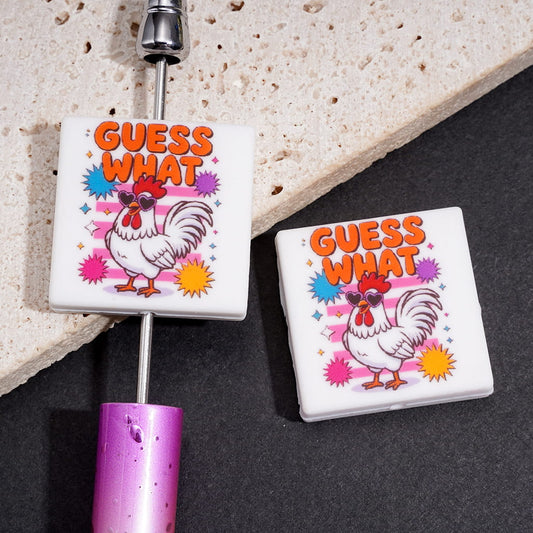 Silicone Focal Beads with Text "GUESS WHAT" and Rooster Wearing Heart Shaped Sunglasses, Flat Square Shape