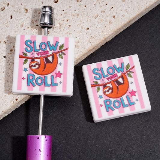 Silicone Focal Beads with Sloth Hanging on Branch and Text "SLOW YOUR ROLL", Flat Square Shape