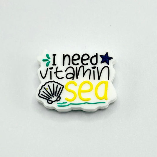 I Need Vitamin Sea” silicone focal bead with shellfish, seastar, and ocean wave design, perfect for DIY bracelets, beadable pens, keychains, and beach-themed craft projects.