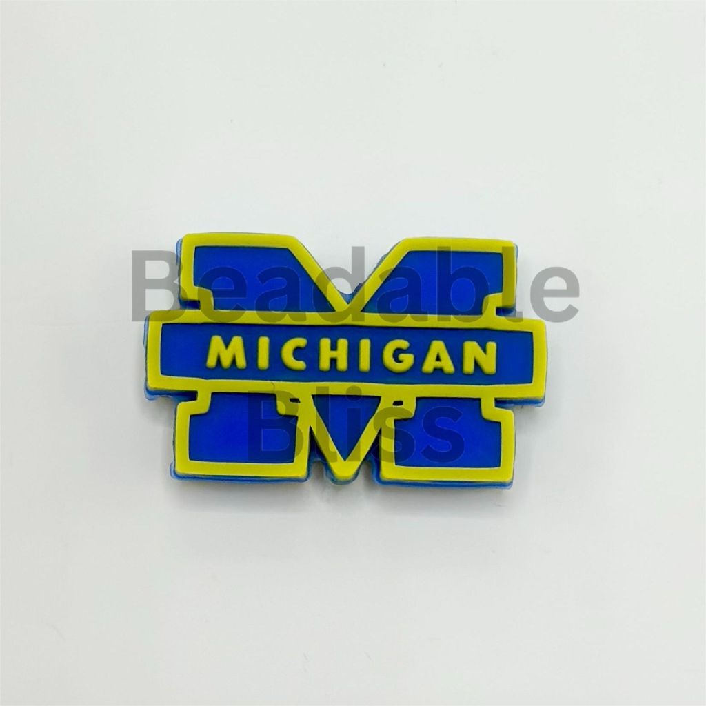 Blue and yellow 'Michigan' logo on a white background

