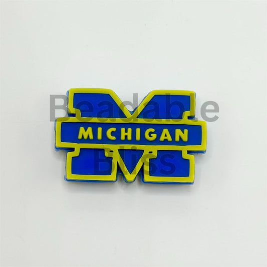 Blue and yellow 'Michigan' logo on a white background

