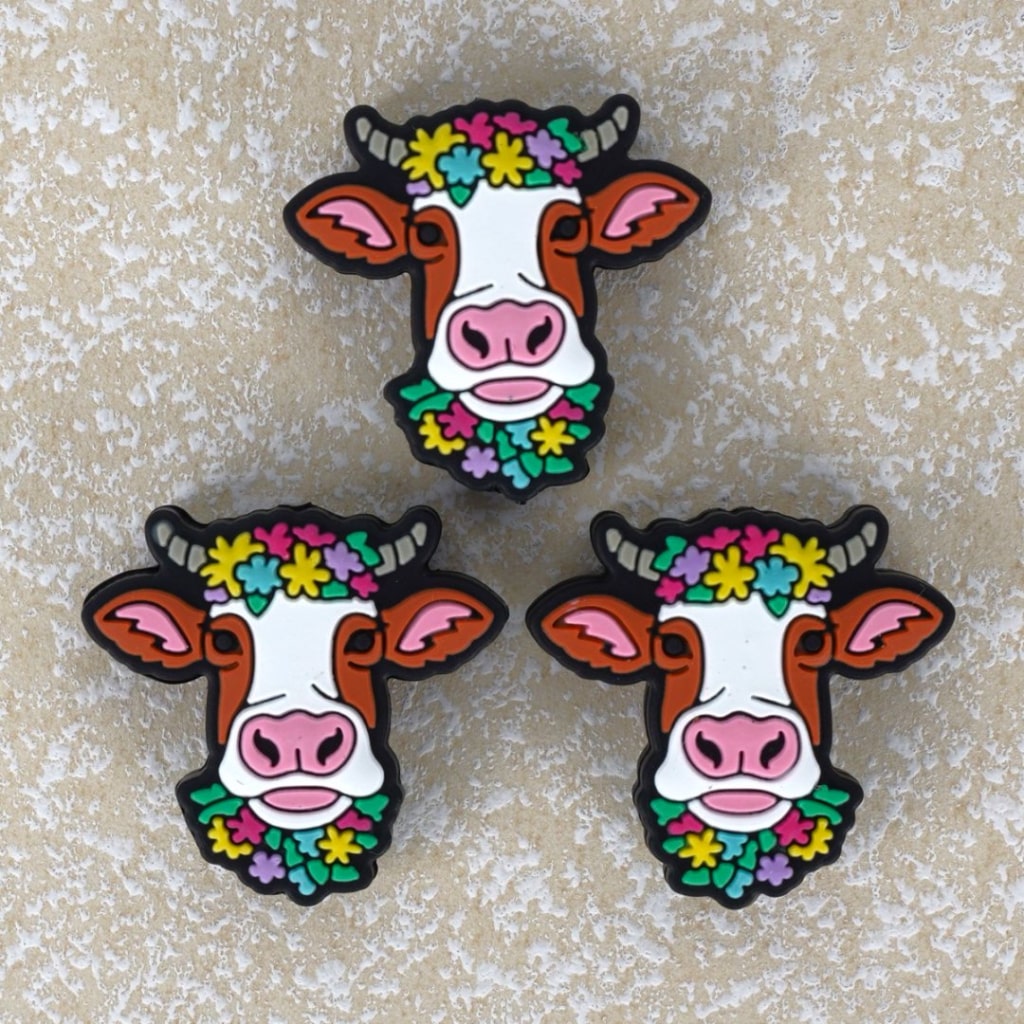 Cute Cow with Colorful Mini Flowers Silicone Focal Beads