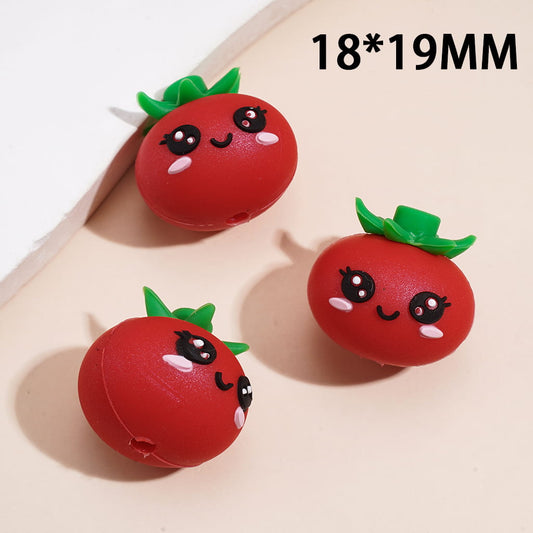 Silicone Focal Beads 3D Ripe Tomato with Green Stem and Leaves on Top